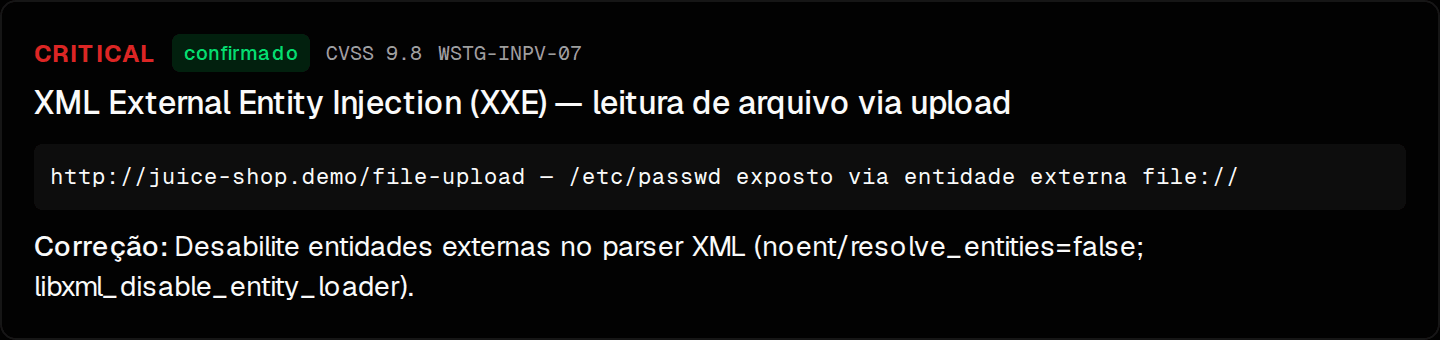 Vulnerabilidade confirmada — XXE