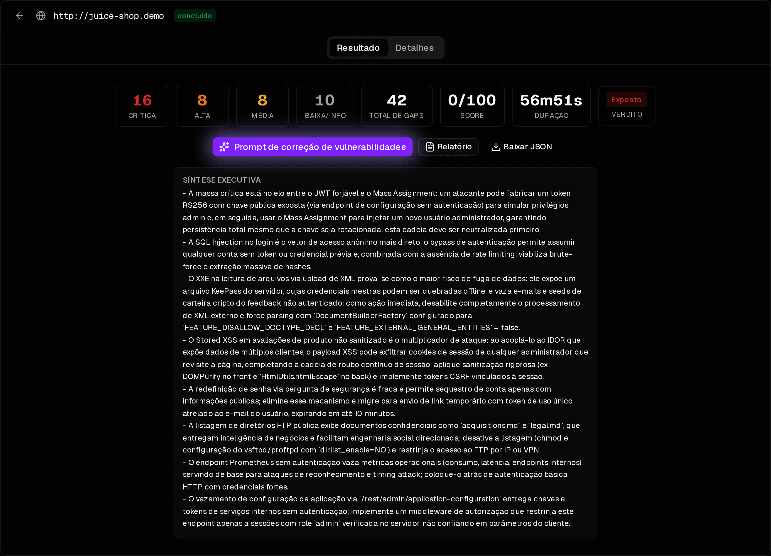 Resultado do scan — scorecards e síntese executiva